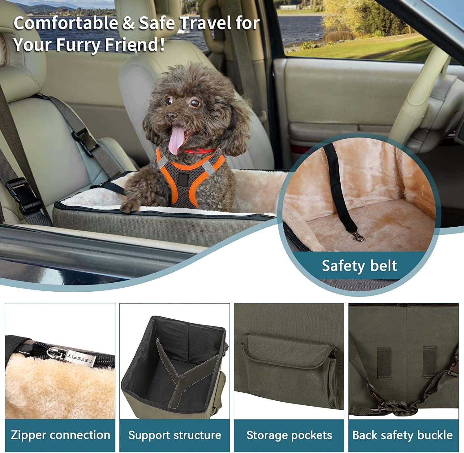 Dog Booster Car Seat for Small Dogs, Dog Car Seat with Safety Leash, Suitable for Cars, Trucks, and Suvs (Small, Brown)