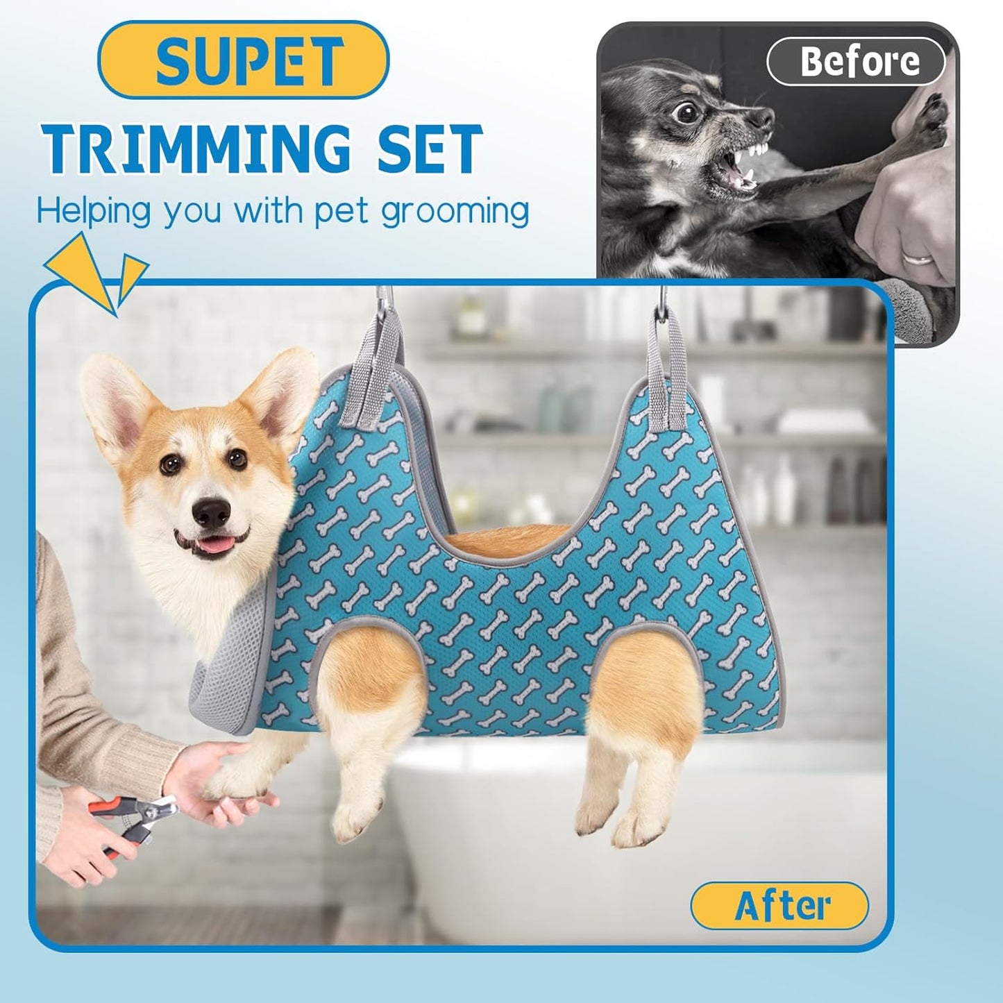Dog Grooming Hammock Harness for Cats Dogs, Relaxation Pet Grooming Hammock Restraint Dog & Small Animal Leashes Sling Fo (Coral Blue, M( Legs Spacing:9"-12.5" / Max W:50LBS ))
