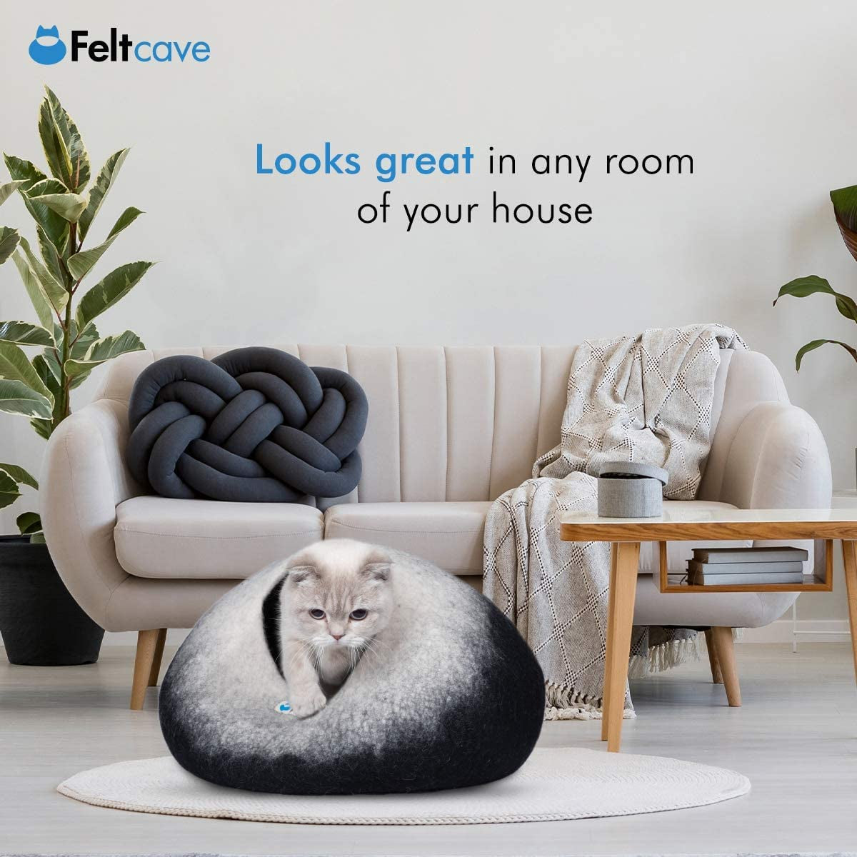 Medium Cat Cave Bed | Black & White | Cute and Cozy Cat Cave Handcrafted Merino Wool | Hideaway for Indoor Cats | Warming Nest for Kitty | Washable Wool Fabric - Gift for Pets