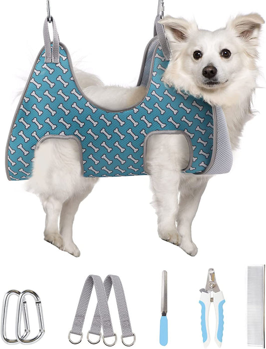 Dog Grooming Hammock Harness for Cats Dogs, Relaxation Pet Grooming Hammock Restraint Dog & Small Animal Leashes Sling Fo (Coral Blue, M( Legs Spacing:9"-12.5" / Max W:50LBS ))