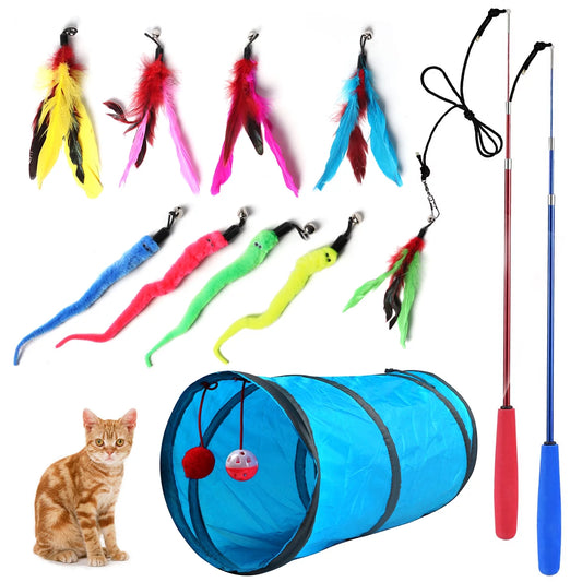 Engage your cat with the 12-Piece Interactive Cat Feather Toy Set with Wands & Tunnel, perfect for indoor playtime fun!