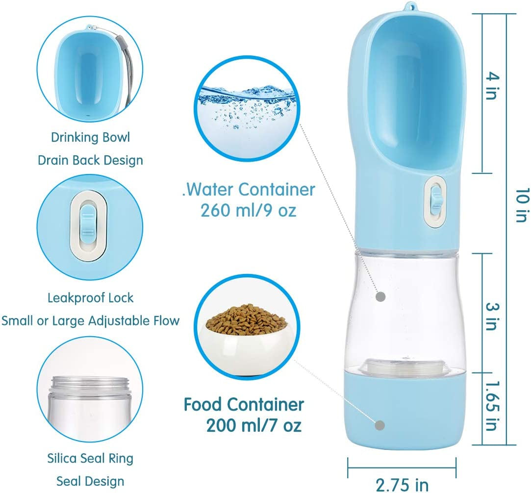 2 in 1 dog water bottle with pouch showing water and food compartments in blue with measurements.