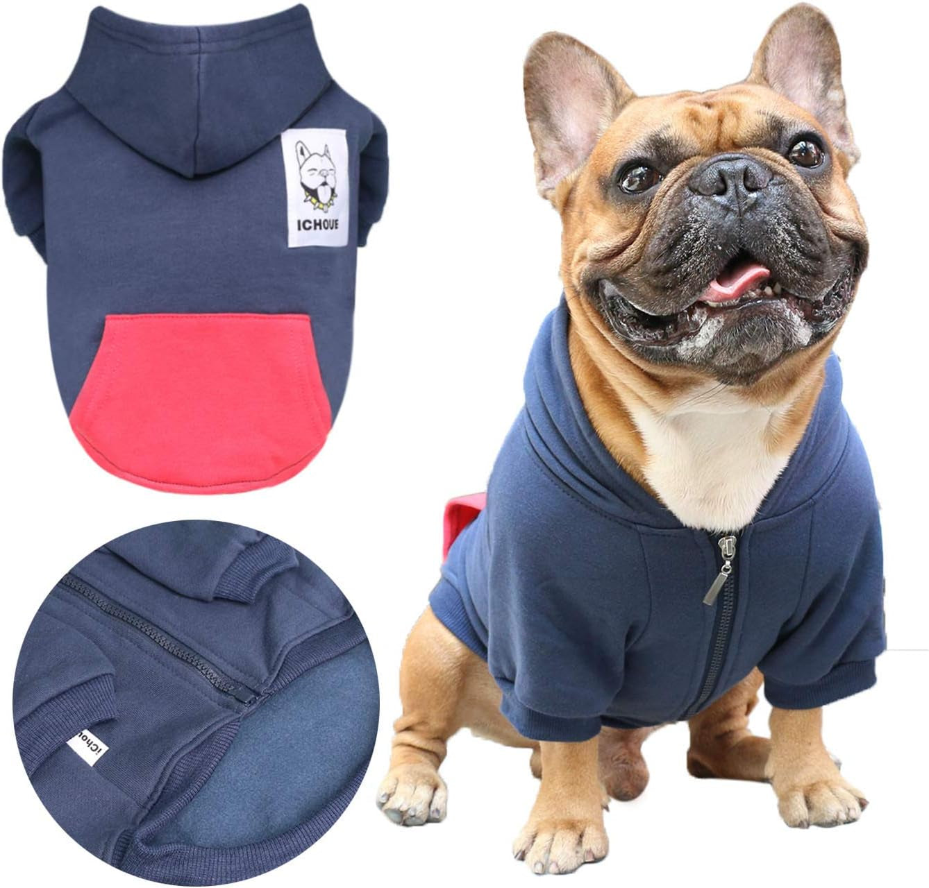 Dog Hoodie for Pug French Bulldog Boston Terrier, navy design with red pocket, stylish winter coat for small dogs.