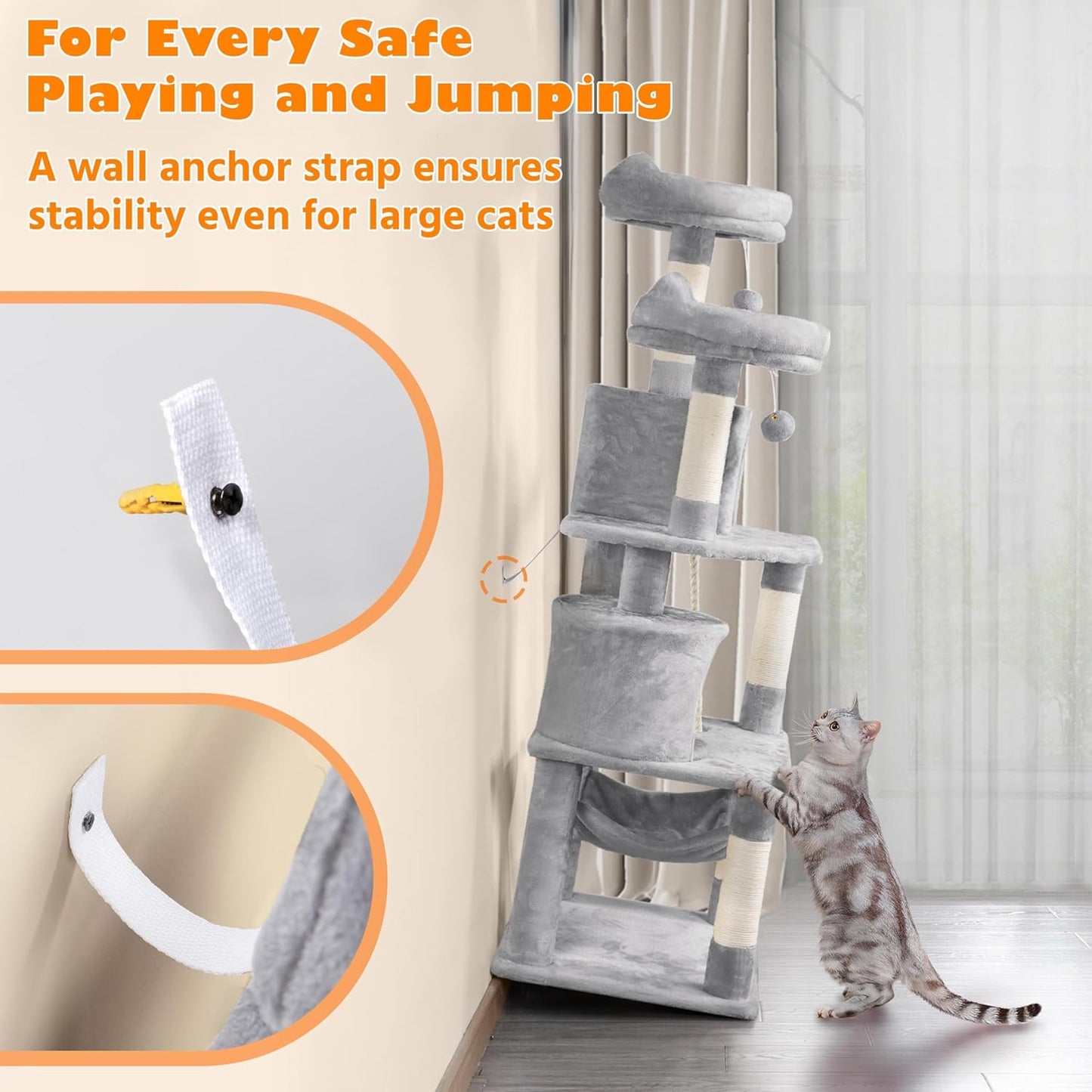 62.5 Inch Cat Tree Tower Cat Condo With Hammock And Scratching Posts