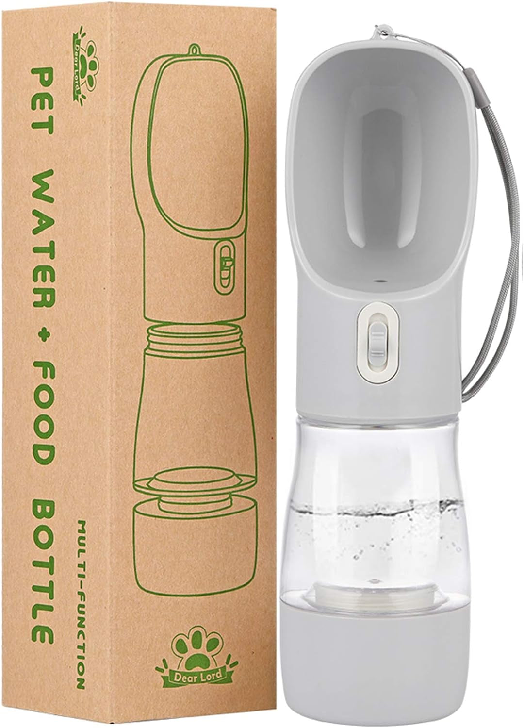 2 in 1 dog water bottle with pouch for walking and hiking, grey color, multifunctional design with food and water compartment.