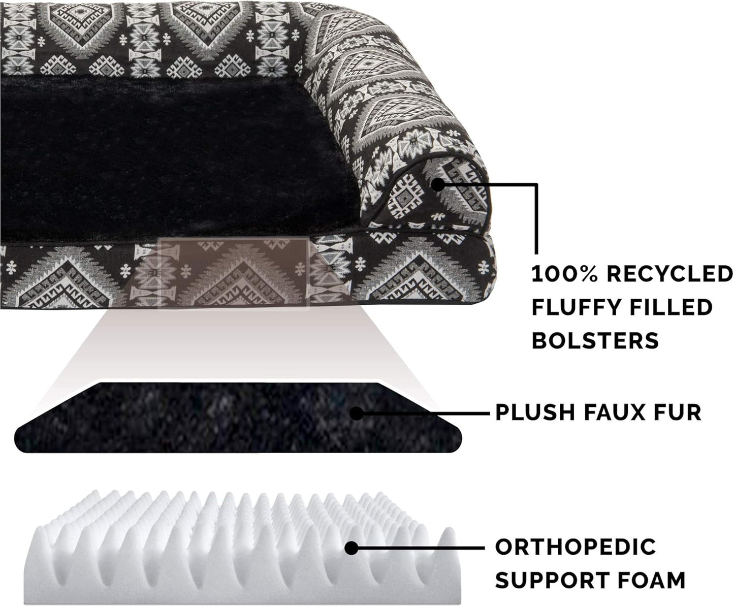Orthopedic Dog Bed for Large/Medium Dogs W/ Removable Bolsters & Washable Cover, for Dogs up to 55 Lbs - Plush & Southwest Kilim Woven Decor Sofa - Black Medallion, Large