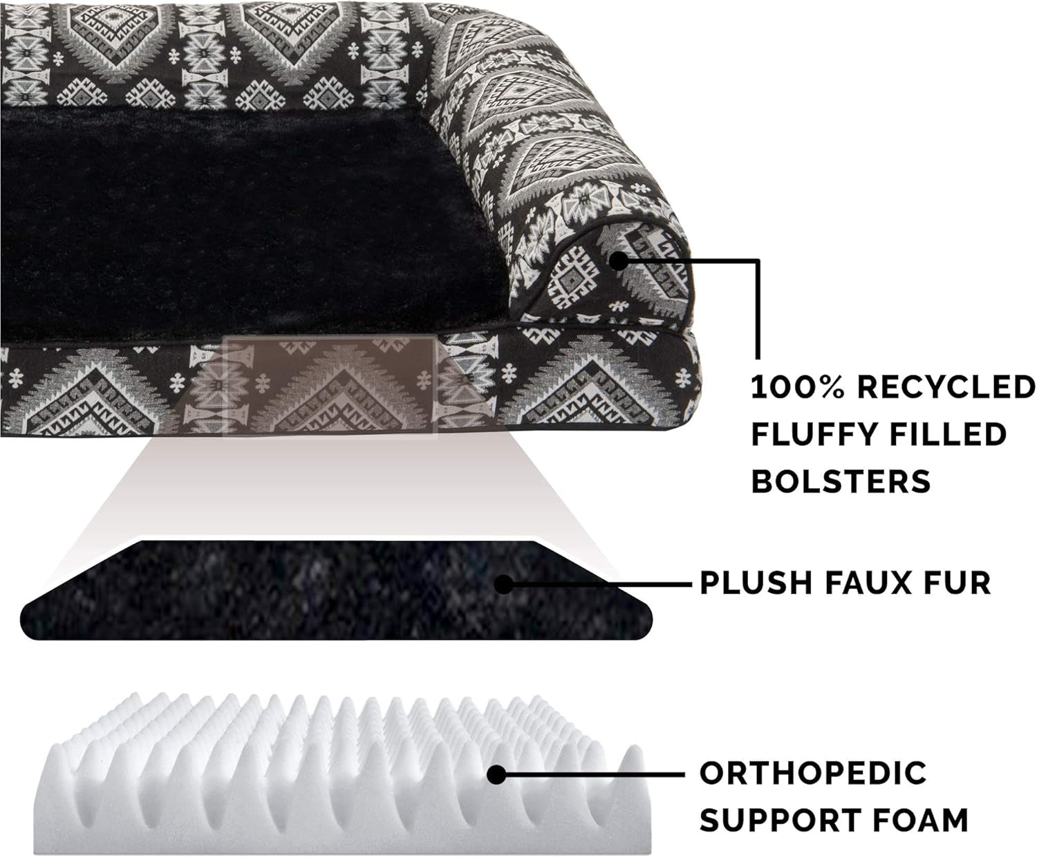 Orthopedic Dog Bed for Large/Medium Dogs W/ Removable Bolsters & Washable Cover, for Dogs up to 55 Lbs - Plush & Southwest Kilim Woven Decor Sofa - Black Medallion, Large