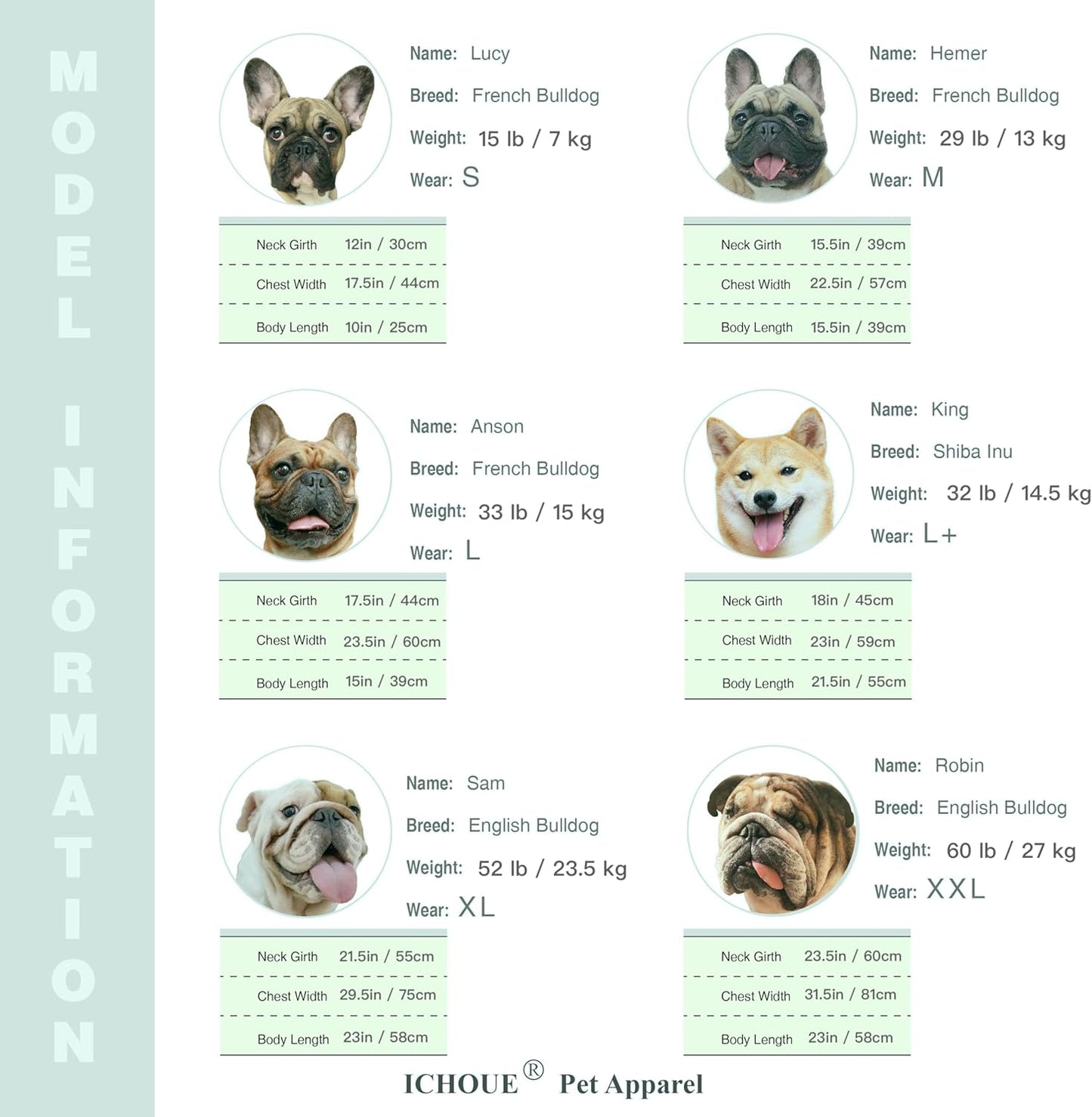 Model information chart for iChoue Dog Hoodie displays sizes and breeds including French Bulldog and English Bulldog.