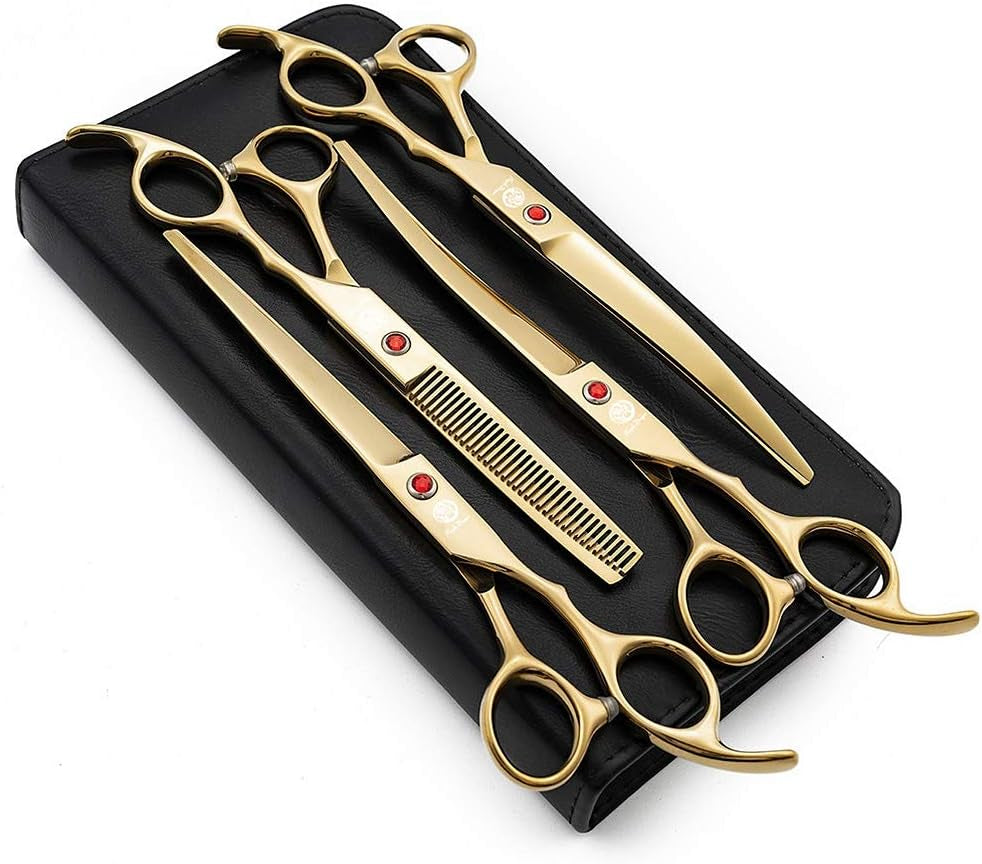 7 Inch Grooming Scissors Kit 4 Piece Japanese Steel Straight Curved 