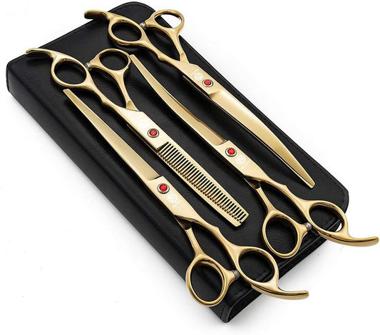 7 Inch Grooming Scissors Kit 4 Piece Japanese Steel Straight Curved 