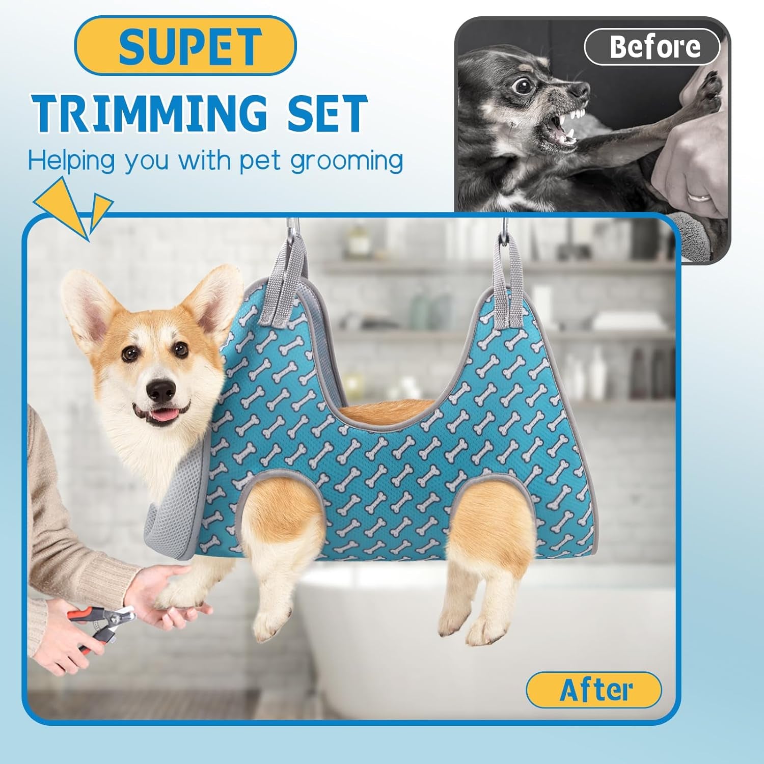 Dog Grooming Hammock Harness for Cats Dogs, Relaxation Pet Grooming Hammock Restraint Dog & Small Animal Leashes Sling Fo (Coral Blue, M（ Legs Spacing：9"-12.5" / Max W：50LBS ）)