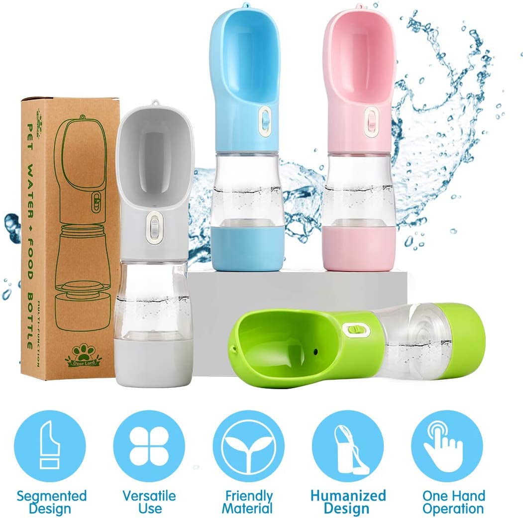 2 in 1 dog water bottle with pouch in multiple colors for walking and hiking, showcasing design features.