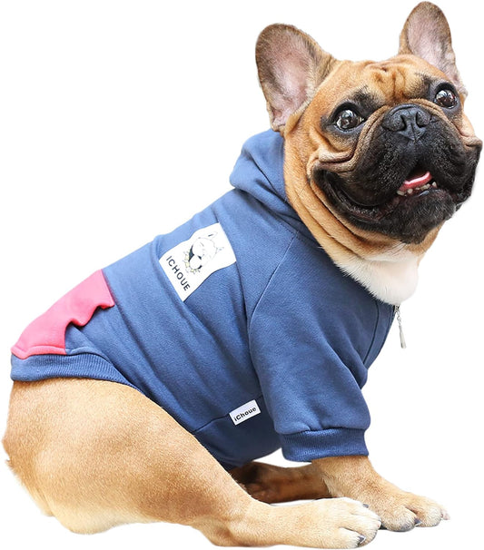 Dog Hoodie on a happy French Bulldog in navy with pink accents, perfect for winter wear.