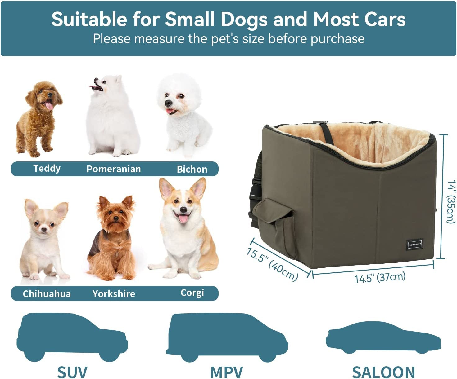 Dog Booster Car Seat for Small Dogs, Dog Car Seat with Safety Leash, Suitable for Cars, Trucks, and Suvs (Small, Brown)