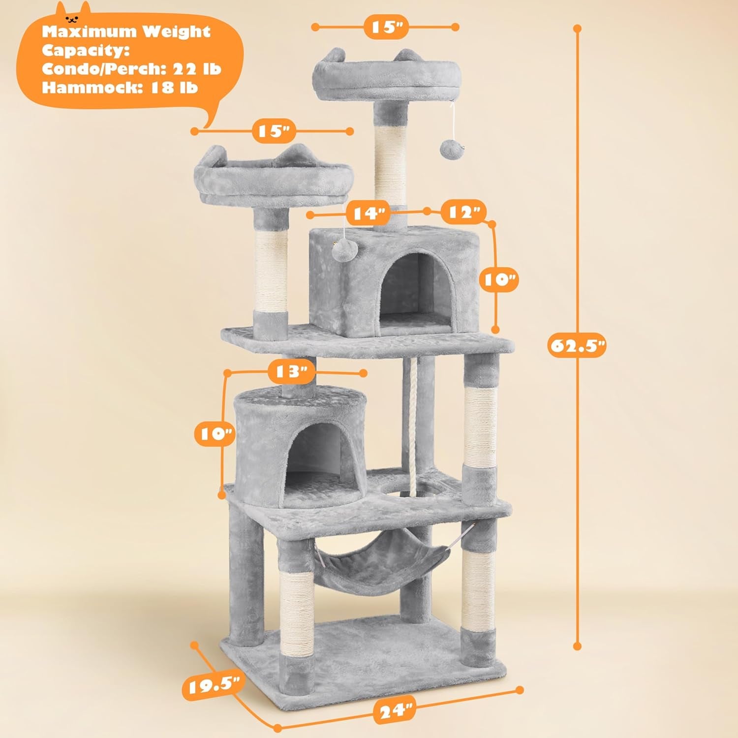 62.5 Inch Cat Tree Tower Cat Condo With Hammock And Scratching Posts