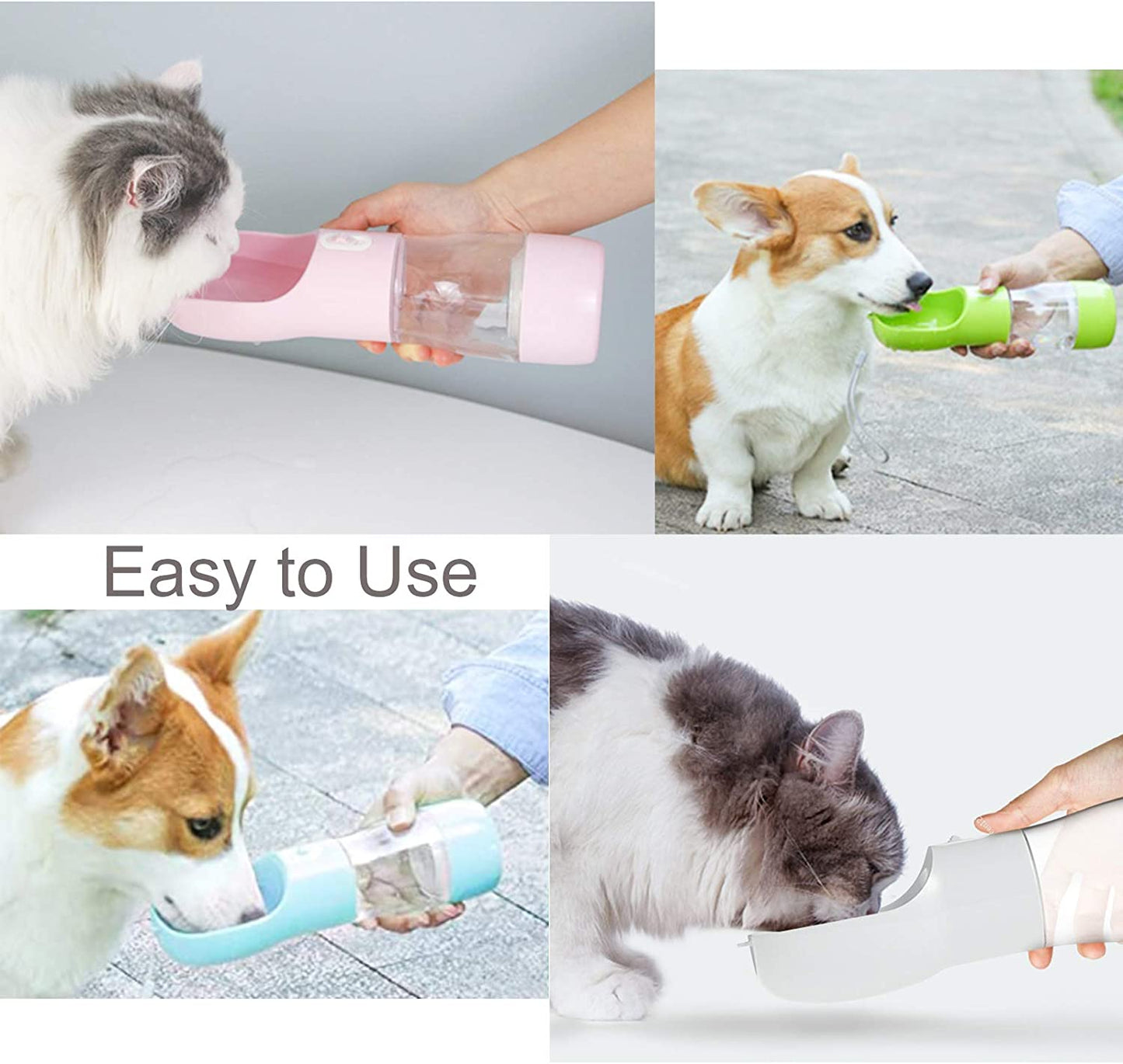 2 in 1 dog water bottle with pouch shown in use by pets for easy hydration and snacks