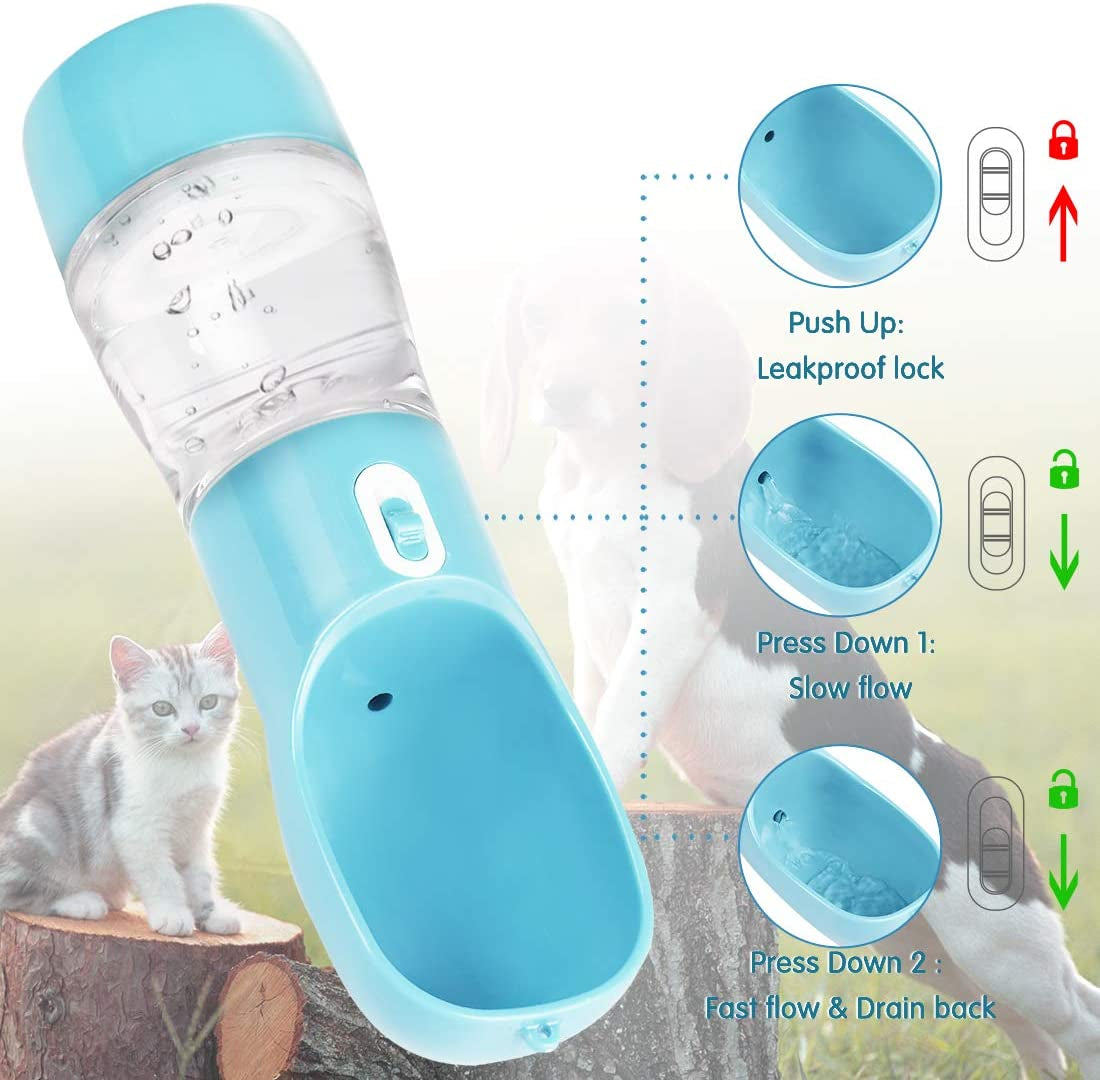 2 in 1 dog water bottle with pouch showing leakproof lock and flow options for walking and hiking.