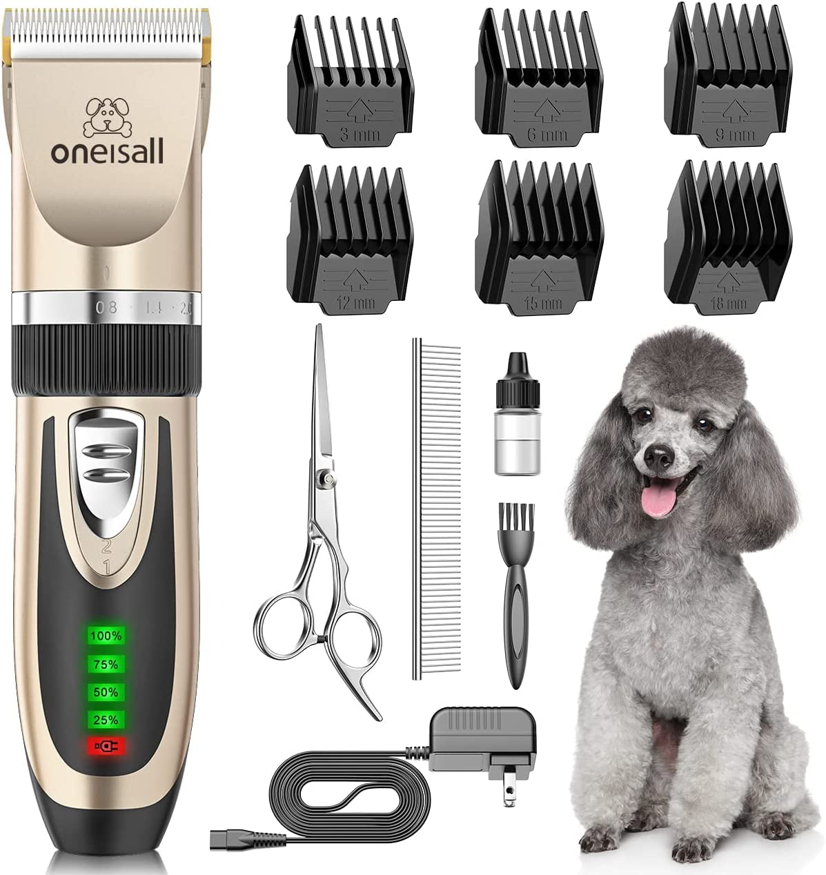 Dog Clippers Rechargeable Grooming Kit Gold with accessories and poodle for professional pet grooming at home.