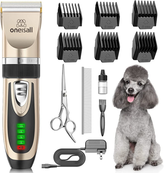 Dog Clippers Rechargeable Grooming Kit Gold with accessories and poodle for professional pet grooming at home.