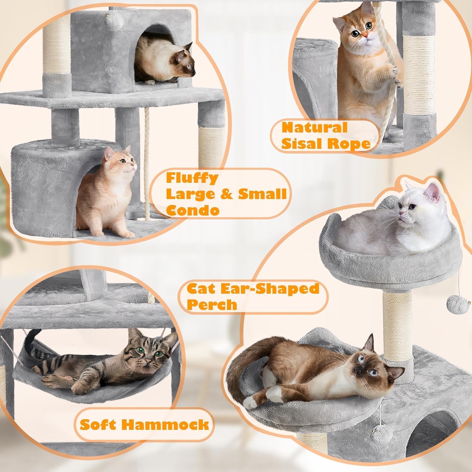 62.5 Inch Cat Tree Tower Cat Condo With Hammock And Scratching Posts