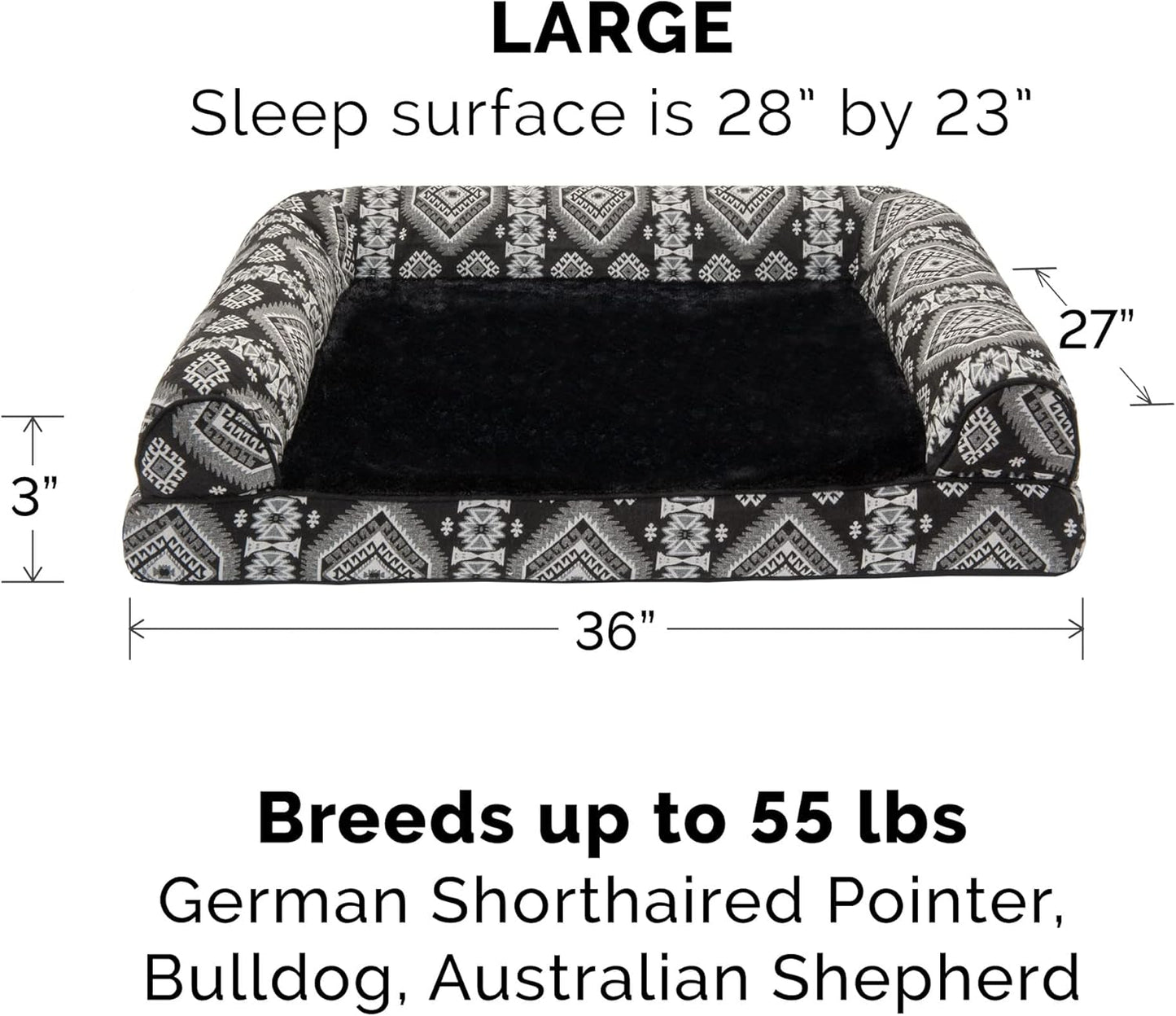 Orthopedic Dog Bed for Large/Medium Dogs W/ Removable Bolsters & Washable Cover, for Dogs up to 55 Lbs - Plush & Southwest Kilim Woven Decor Sofa - Black Medallion, Large