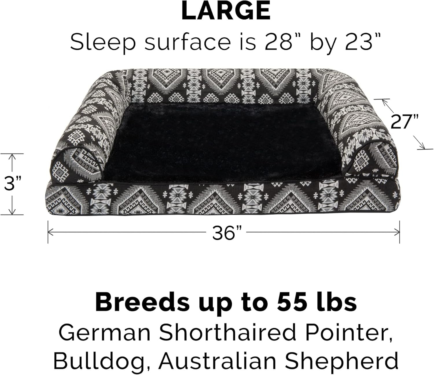 Orthopedic Dog Bed for Large/Medium Dogs W/ Removable Bolsters & Washable Cover, for Dogs up to 55 Lbs - Plush & Southwest Kilim Woven Decor Sofa - Black Medallion, Large